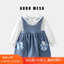 AuroMesa Baby Spring Autumn Denim Blue Fake Two-Turned-Leader Long Sleeve Dress Woman Treasure Foreign Air Casual Dress