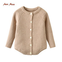 Spring and autumn Korean version of baby knitted bag fart clothes for men and women baby front buckle one-piece newborn long-sleeved triangle romper