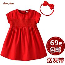 Auro Mesa girls dress red short sleeve summer baby girl birthday dress dress hair band