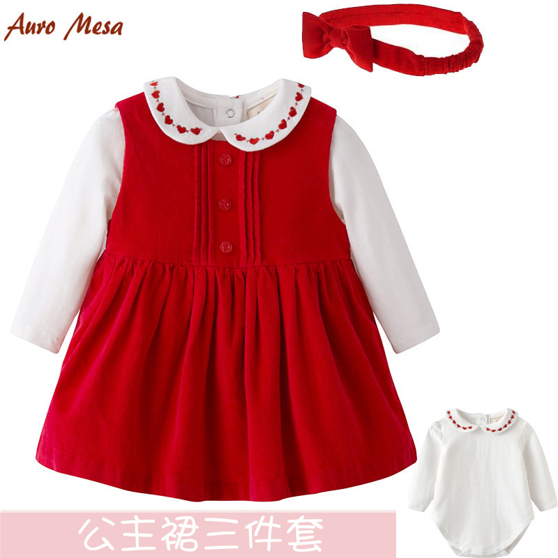 AuroMesa Baby Foreign Dress Spring Autumn 0-1 Year Old Female Baby Full Moon 100 Days Old Red Princess Dresses Foreign Pie