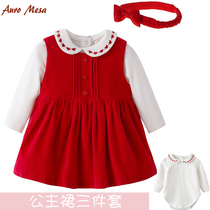 AuroMesa baby dress Early autumn 0-1 year old female baby full moon 100 days old red princess skirt Western style