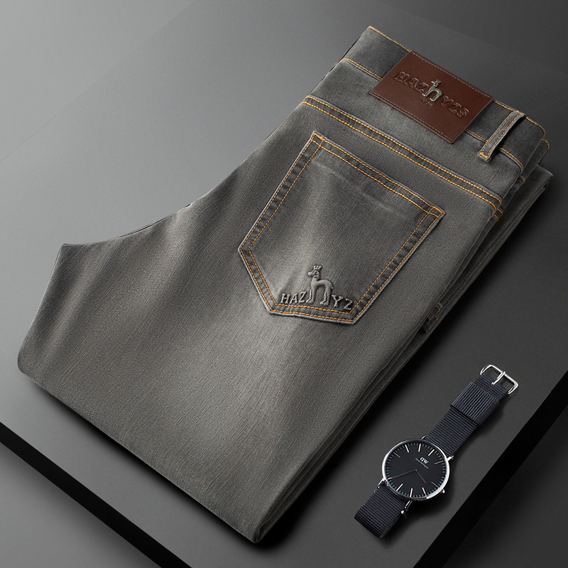 Spring and Summer Light Luxury Ash Gray Stretch Cotton Jeans, Durable Geometric Pattern Casual Pants
