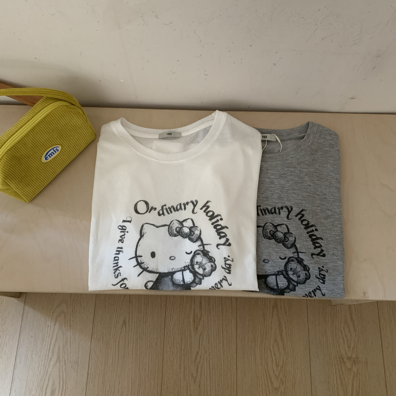 Sun Protection Knitted Egg.Kitty Retro Cartoon Print Half-Sleeve T-Shirt for Women, Summer Loose and Casual Top