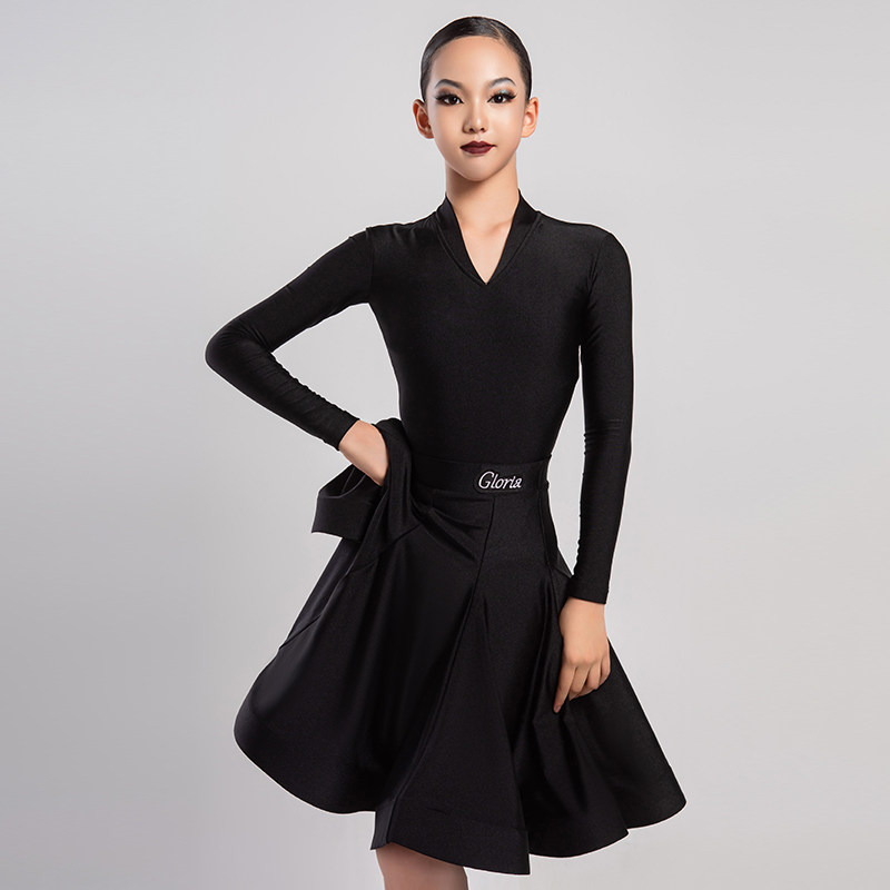 Goria Latin Dance Girls Pearl Little V - collar Sleeve Fish Bone Large Performance Competition Regulatory Clothing 3179