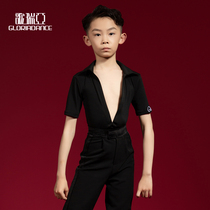 Song Liberia Latin dance suit boy Summer precisely deep V collar short sleeve blouses children Latin rehearsas for men G5029