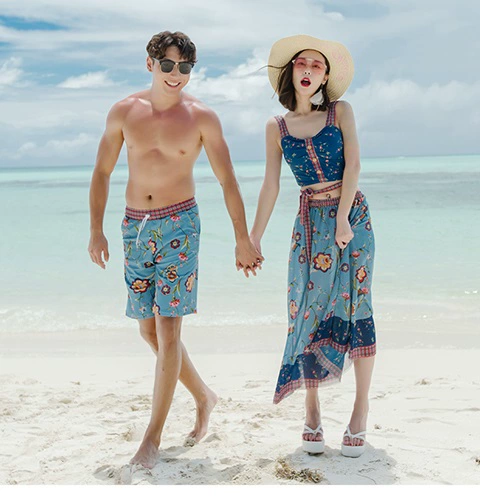 Cặp đôi đồ bơi nữ bikini mới ba mảnh bảo thủ góc phẳng che bụng trắng mỏng quần nam đi biển mặc kỳ nghỉ