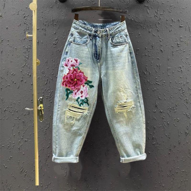 Chinese-Style Embroidered Peony Denim Harem Pants for Women, New Autumn/Summer High-Waisted Loose Cropped Pants with Ripped Details, Trendy Dad Pants
