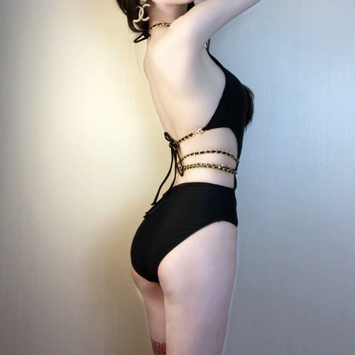 Черная сексуальная цепь, пляжный купальник, в стиле Шанель, с открытой спиной, высокая талия
