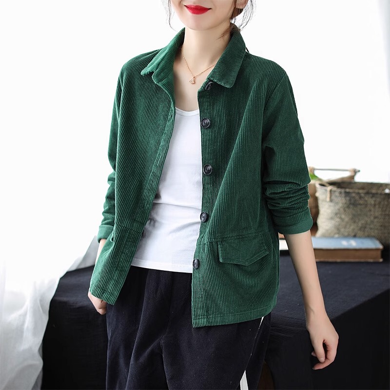 Corduroy Solid Color Long-Sleeved Short Jacket for Women, Spring and Autumn 2026 New Style, Loose Retro Casual Corduroy Top for Women