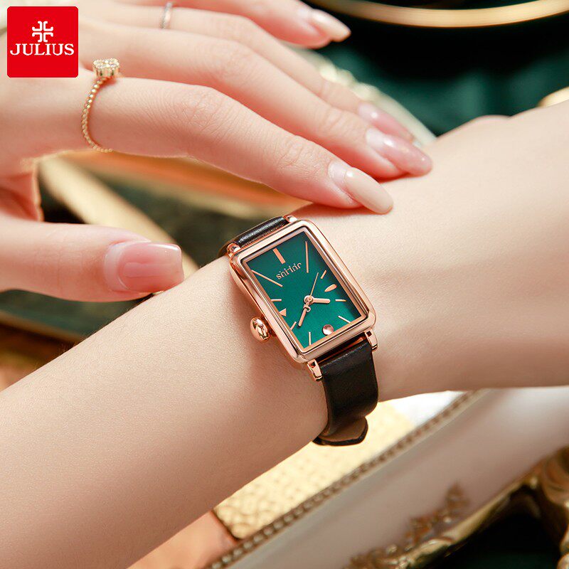 Julius Watch Woman Lightly Luxury Retro Square Dial Small Waterproof Belt Little Green Waterproof Belt