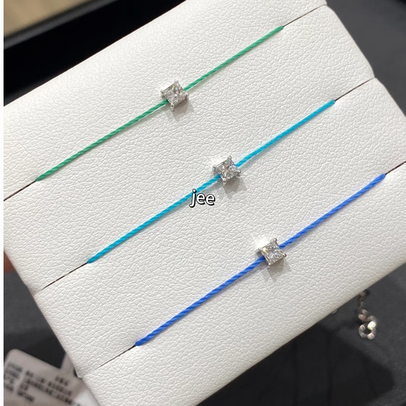 French Red String Bracelet with Small Sugar Cube Design, 10-Point Moissanite Diamond, Lucky String Bracelet for Women, Good Luck Charm for Couples
