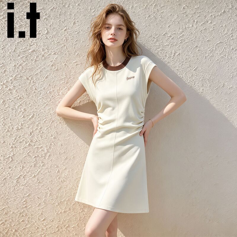 I.Tgroundzero Summer Dress Casual Waist-Cinching Slim-Fit Round Neck Mid-Length Skirt New Style