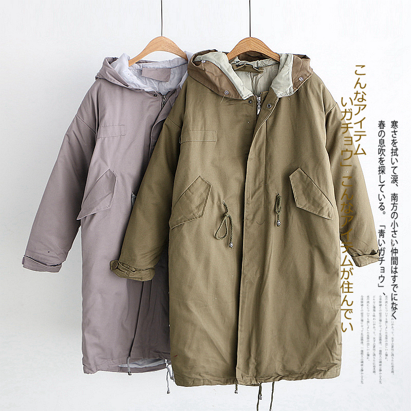 Winter new foreign trade women's Korean version all-match long loose hooded oblique pocket thickened long-sleeved cotton-padded clothes 5242