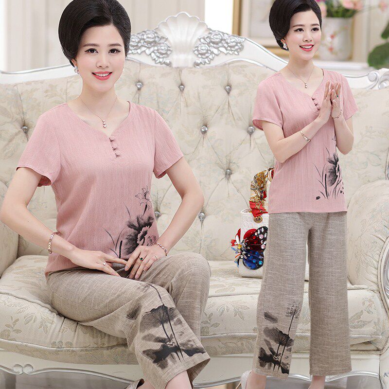 Mom summer clothes cotton and linen suit old man clothes Female building day 60-70 years old sixty grandma middle-aged and elderly summer
