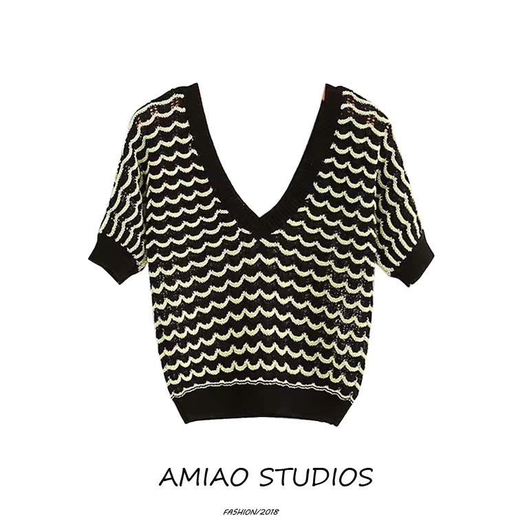 Máy chăm sóc lớn V-Cổ ngắn cao eo rốn tương phản màu sóng knit top retro hollow chic ngắn tay áo 40 ao len