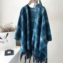 Hairy cloak shawl women winter Korean version of Wild Autumn long tassel wool plaid cloak coat spring and autumn