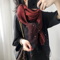 Silk silk scarves womens wild spring and autumn double-layer handmade nail beads Korean gold thread organza long scarf shawl autumn