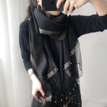 Silk scarf women Joker Spring and Autumn Korean gold thread water ripple solid color silk nail bead scarf thin shawl long gauze Autumn Autumn