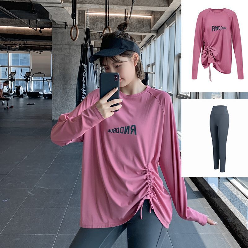 Sports T-Shirt for Women, Slimming, Loose Fit, Plus Size, Yoga Wear, Long Sleeve, Drawstring, Quick-Dry, Running Fitness Wear, Covers the Hips