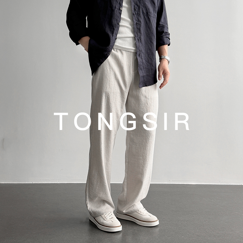 Tongsir Summer Linen Blend Breathable Thin Drapey Versatile Straight Loose Casual Pants