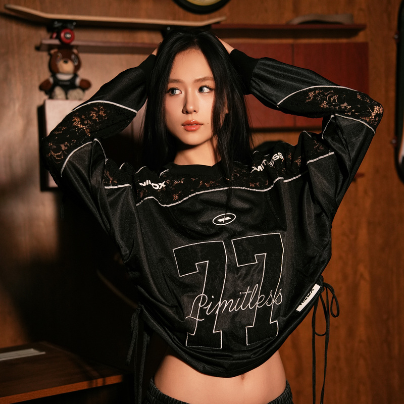 Wildx'Dark Night Lace' American Retro Outdoor Sports Lace Hollow-Out Blockcore Jersey Long Sleeve
