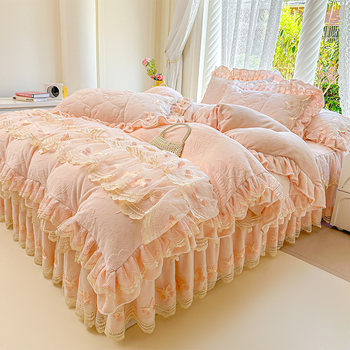 Quilted Warm Milk Velvet Bed Skirt Four-Piece Set Princess Style Lace Trim Double-Sided Fleece Duvet Cover Thickened Bed Skirt