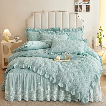 Class a Skin-Friendly Cotton Bed Skirt Four-Piece Set, Korean Princess Style, Thickened Non-Slip Quilted Duvet Cover, Bedspread for All Seasons