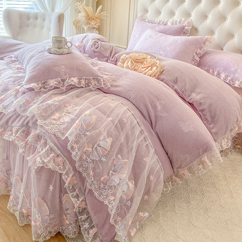 Korean Style Princess-Style Warm Milk Velvet Bed Skirt Four-Piece Set with Lace Trim, Double-Sided Fleece Duvet Cover, Coral Fleece Bedspread