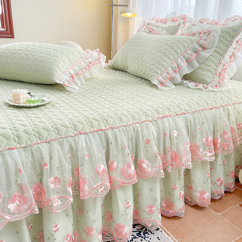 Korean-Style Class a Pearl Cotton Single-Piece Quilted Bed Skirt, Princess-Style Lace Trim, Non-Slip, Anti-Embarrassing Bed Cover Three-Piece Set