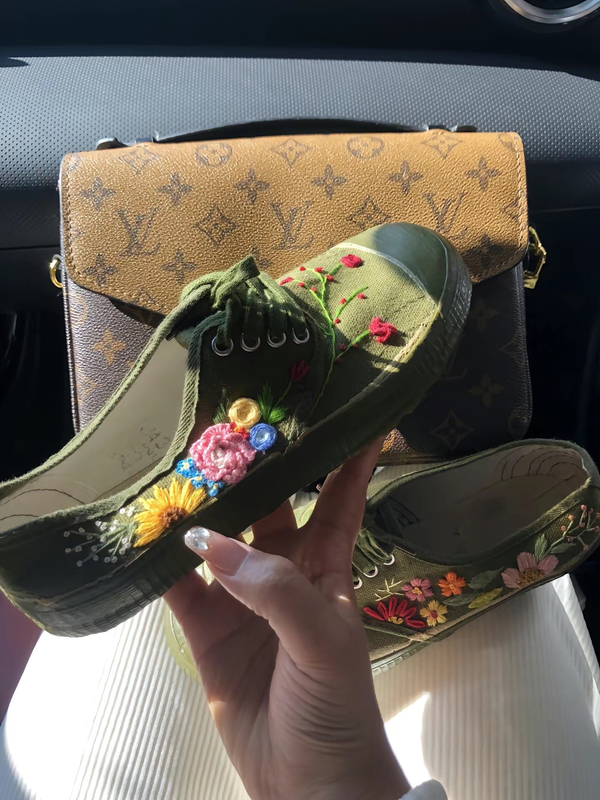 Xiuxiu Trendy Brand LAOSHU Hand-Stitched Embroidered Floral Pattern Women's Shoes Men's Shoes Liberation Shoes Military Training Shoes Nostalgic Shoes Trendy