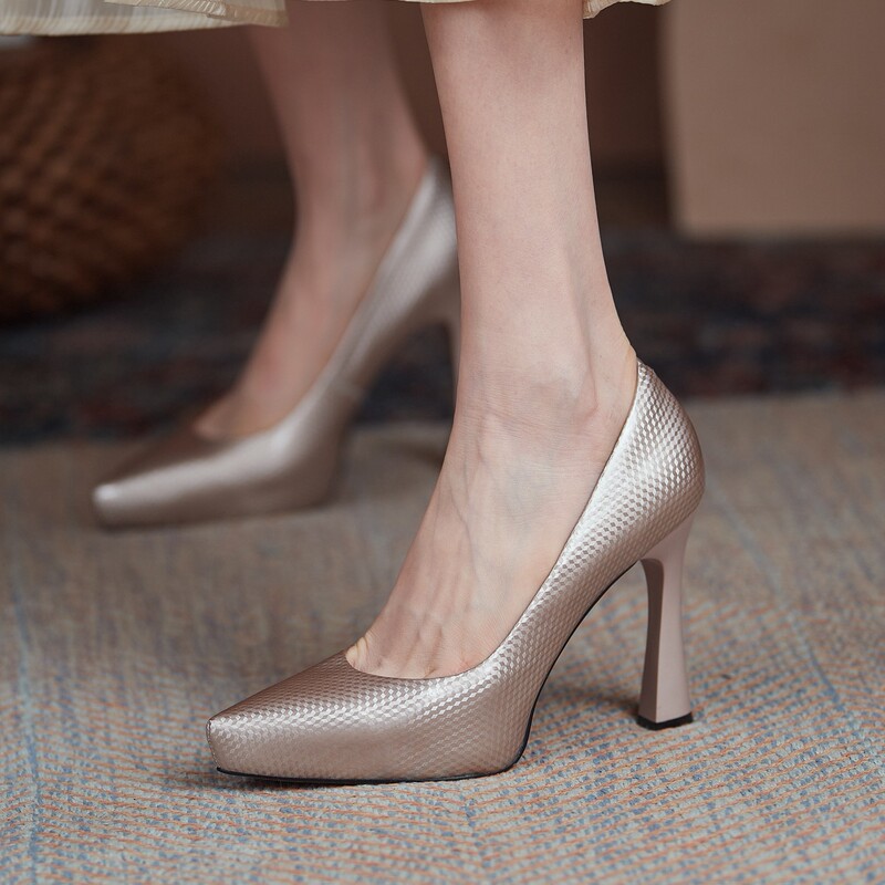 Waterproof Platform Cheongsam Runway High Heels Pointed Toe Chunky Heel Genuine Leather Shallow Formal Professional Shoes Shallow Single Shoes Champagne Color Waterproof Platform Cheongsam Runway High Heels Pointed Toe Chunky Heel Genuine Leather Shallow Formal Professional Shoes Shallow Single Shoes Champagne Color