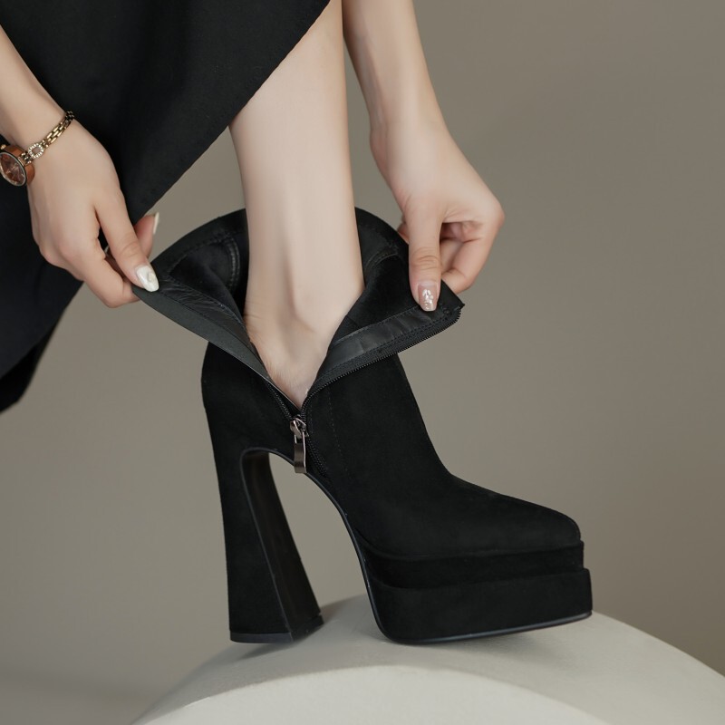 Waterproof Platform Ultra-High Heel Short Boots for Women with Pointed Toe, Chunky Heel, Stretchy Slim Boots, Versatile White Ankle Boots 12cm