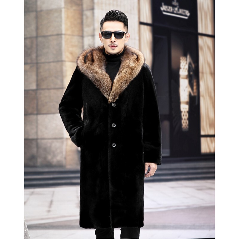 Men's Hooded Mink Coat, New Winter Style, Men's Full-Length Mink Warm Fur Coat, Casual Plus Size