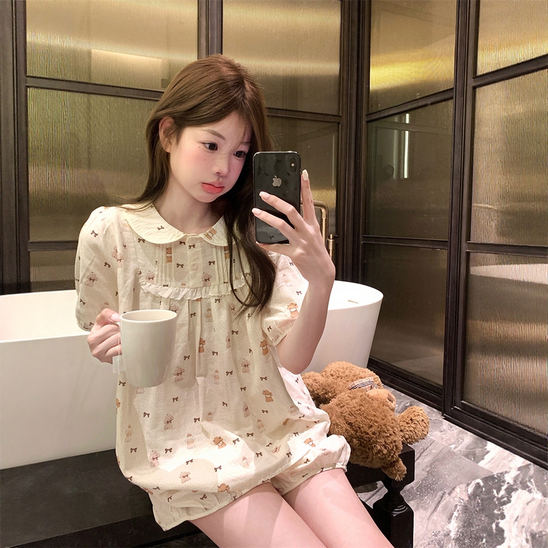 Japanese-Style Ins Cute Puppy Doll Collar Pure Cotton Linen Pajamas for Women, New Summer Short-Sleeve Shorts Loungewear Set