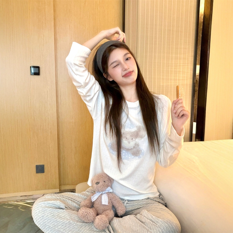 Cute Cartoon Jacquard Long-Sleeved Pajamas for Women, Spring and Autumn New Striped Long Pants, Age-Reducing Sleepwear, Loungewear Set
