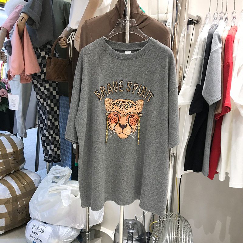 磨毛短袖t恤女2023秋冬加厚重工镶钻时尚老虎头上衣ins潮一件代发详情8