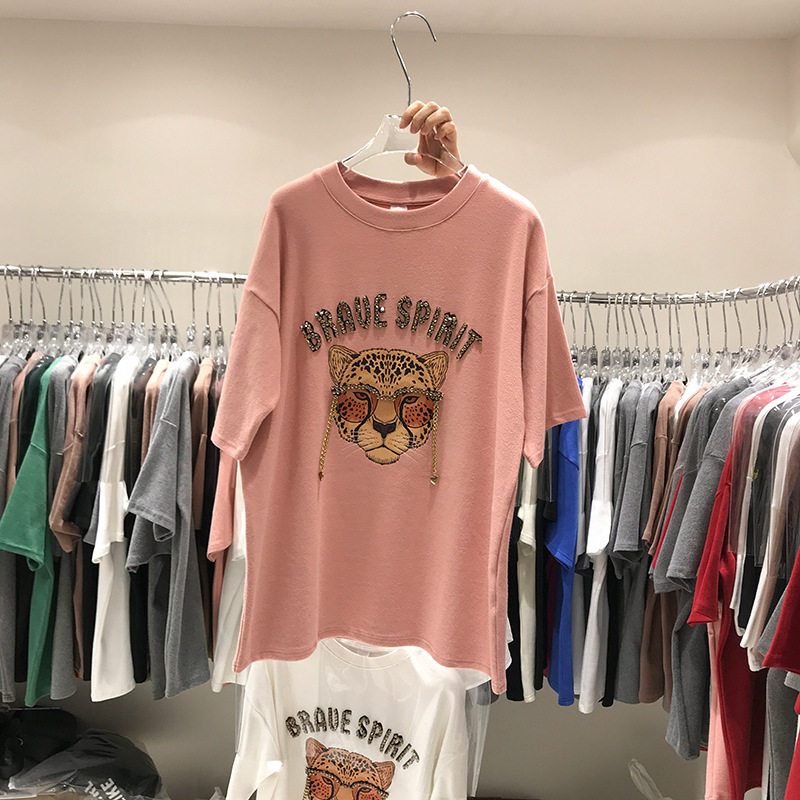 磨毛短袖t恤女2023秋冬加厚重工镶钻时尚老虎头上衣ins潮一件代发详情11