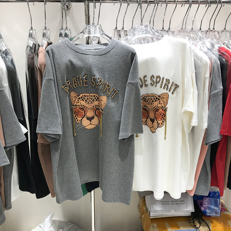 磨毛短袖t恤女2023秋冬加厚重工镶钻时尚老虎头上衣ins潮一件代发详情2