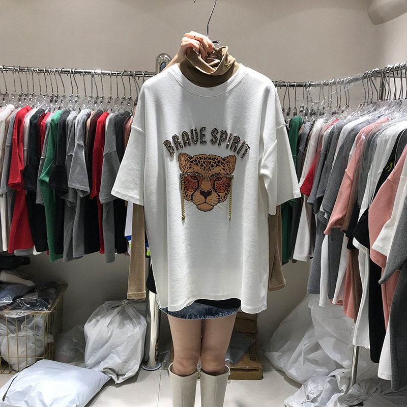磨毛短袖t恤女2023秋冬加厚重工镶钻时尚老虎头上衣ins潮一件代发详情4