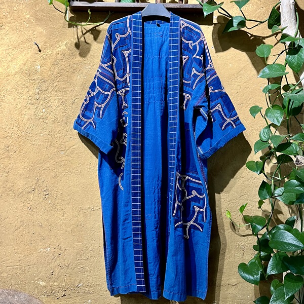 Thai Handmade Embroidered Loose Striped Square-Neck Long-Sleeve Blue and Coffee-Colored Long Trench Coat