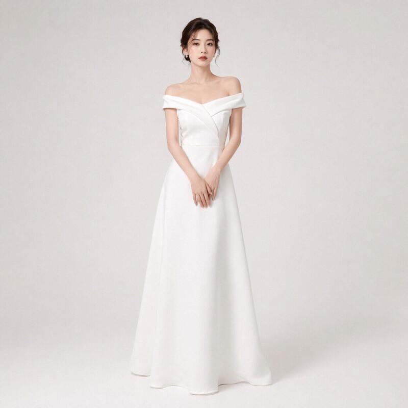 2026 French-Style Off-Shoulder White Light Wedding Dress with Criss-Cross V-Neck, Long Gown for Marriage Registration and Engagement, Long Evening Dress 2026 French-Style Off-Shoulder White Light Wedding Dress with Criss-Cross V-Neck, Long Gown for Marriage Registration and Engagement, Long Evening Dress