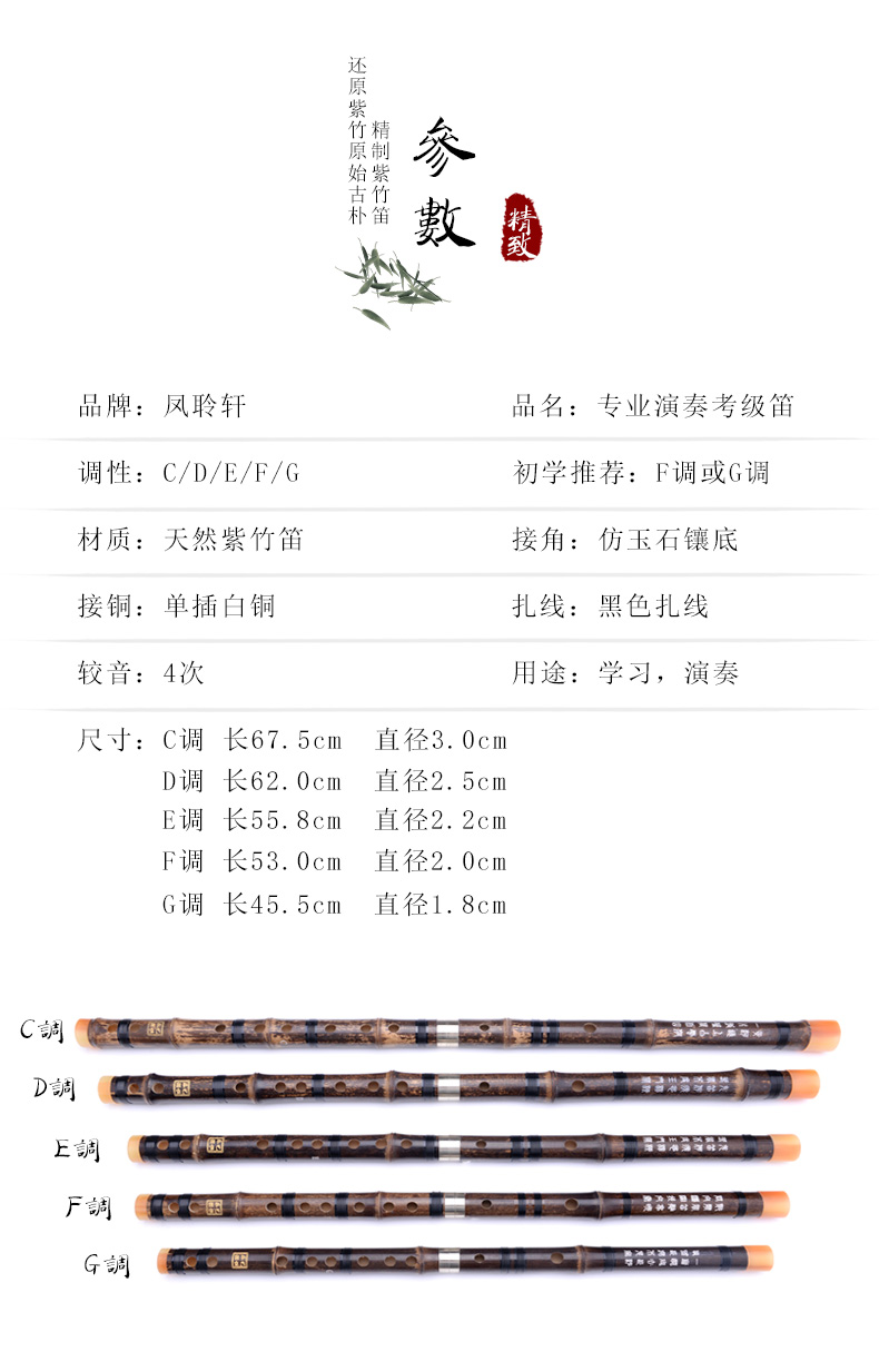 Feng Xing Xuan tinh tế Zizhu sáo nhạc cụ tre sáo người lớn mới bắt đầu không cơ sở hai sáo thử chơi sáo - Nhạc cụ dân tộc tiêu trúc