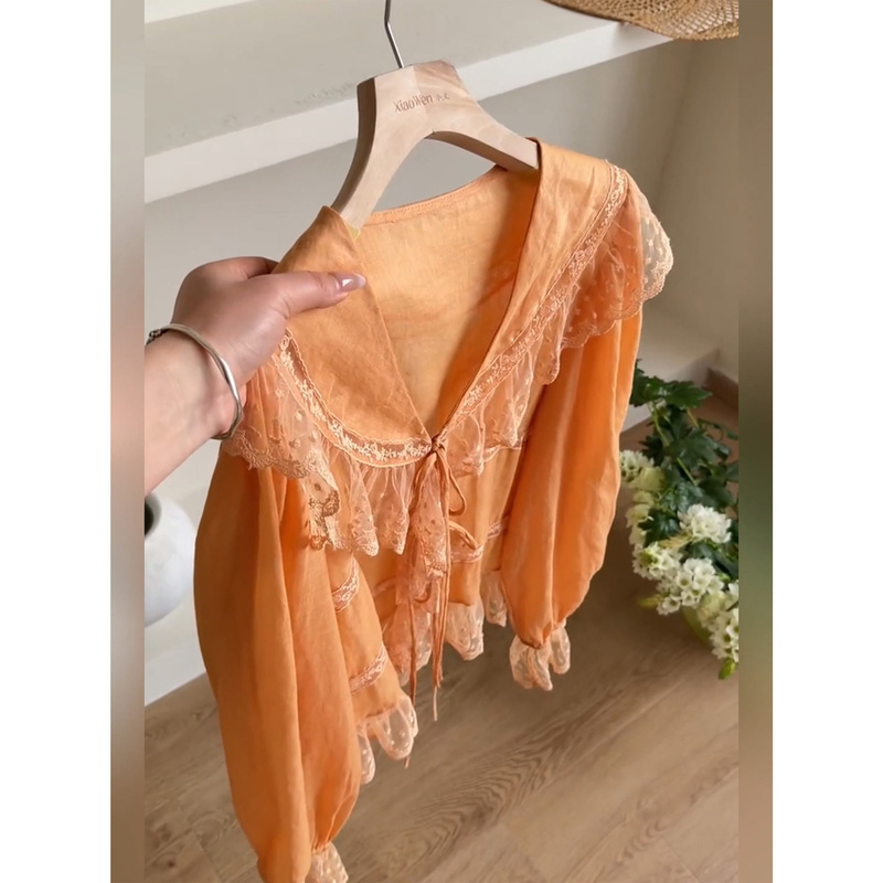 Commuting Style Lace Patchwork V-Neck Long-Sleeved Shirt for Women 2026 Summer New Orange Lace-Up Sun Protection Top Commuting Style Lace Patchwork V-Neck Long-Sleeved Shirt for Women 2026 Summer New Orange Lace-Up Sun Protection Top