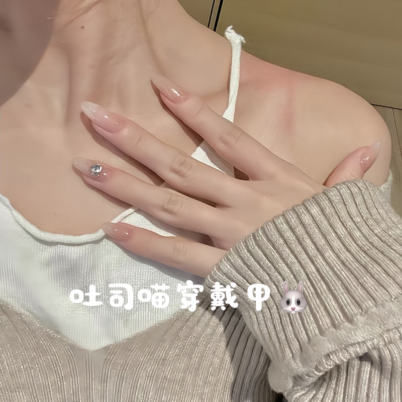 Nude Short Cat-Eye Nail Tips That Enhance Complexion, with Rhinestones, Handmade, Reusable Nail Stickers, Cool White