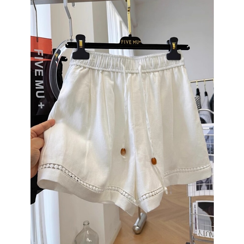Foreign Trade Clearance~ Withdrawal and Bargain Hunting 2025 New Style Hollow Lace Trim Spliced Elastic Waist A-Line Wide-Leg Shorts for Women