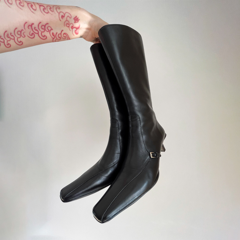 2026 Autumn/Winter New Vintage Genuine Leather Stiletto Cat Heel Genuine Leather Square Toe Belt Buckle Mid-Calf Boots French Style Long Boots