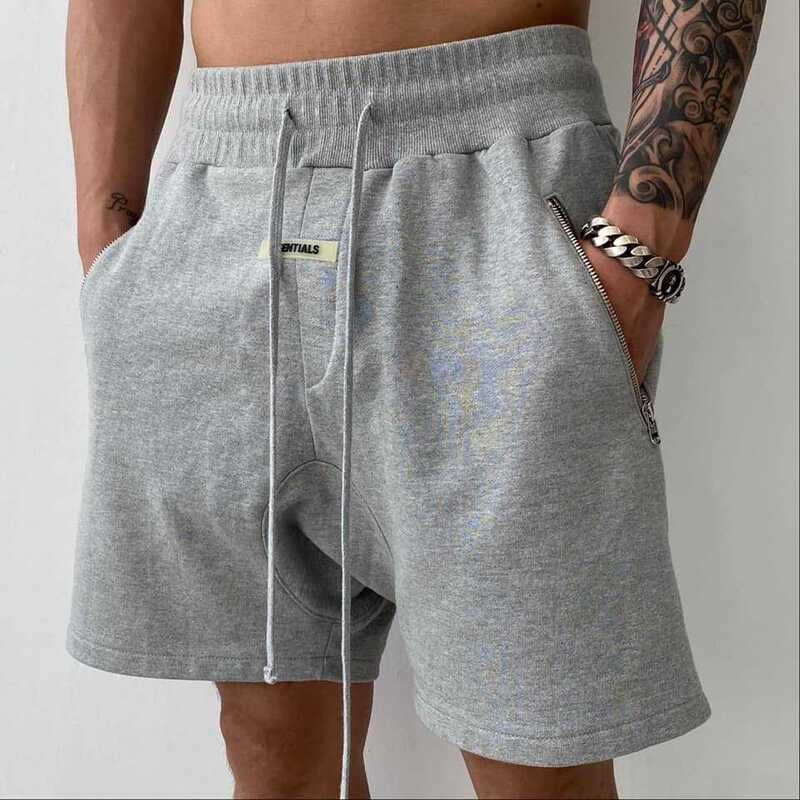 Men's Summer Sports Shorts 300g Terry Fitness Training Crotchless Shorts Casual Zipper Pocket Running Shorts