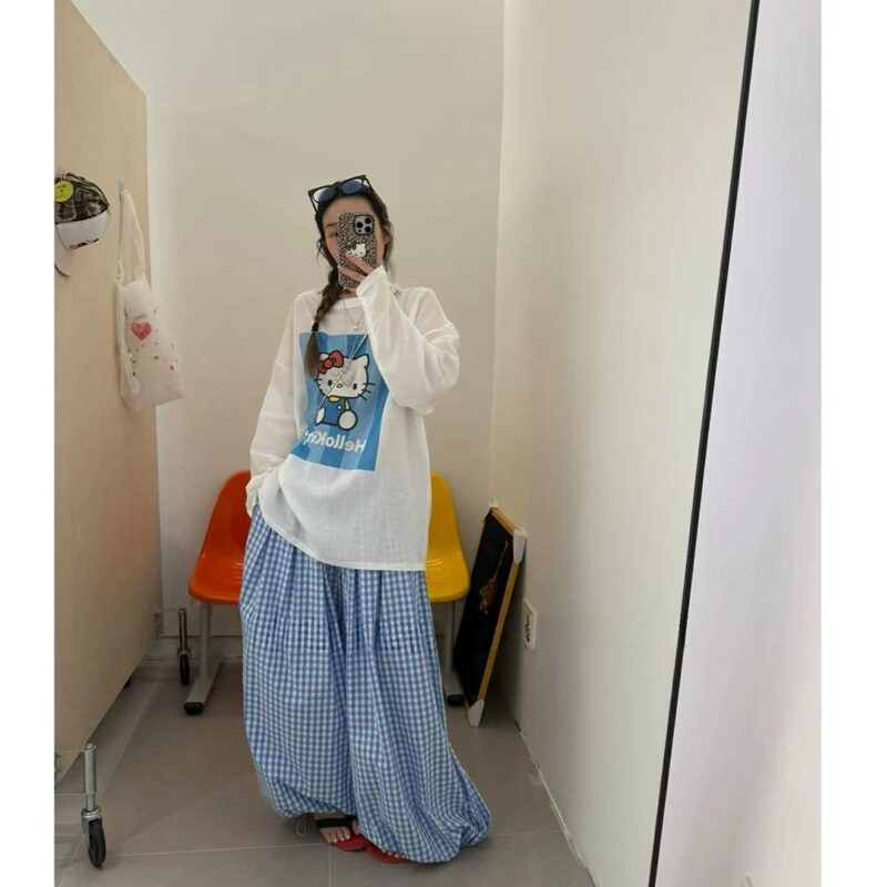 Korean Style Cartoon Kt Cat Print Long-Sleeve T-Shirt for Women, Summer Loose Fit Versatile Slimming Casual Plaid Wide-Leg Pants Set Korean Style Cartoon Kt Cat Print Long-Sleeve T-Shirt for Women, Summer Loose Fit Versatile Slimming Casual Plaid Wide-Leg Pants Set