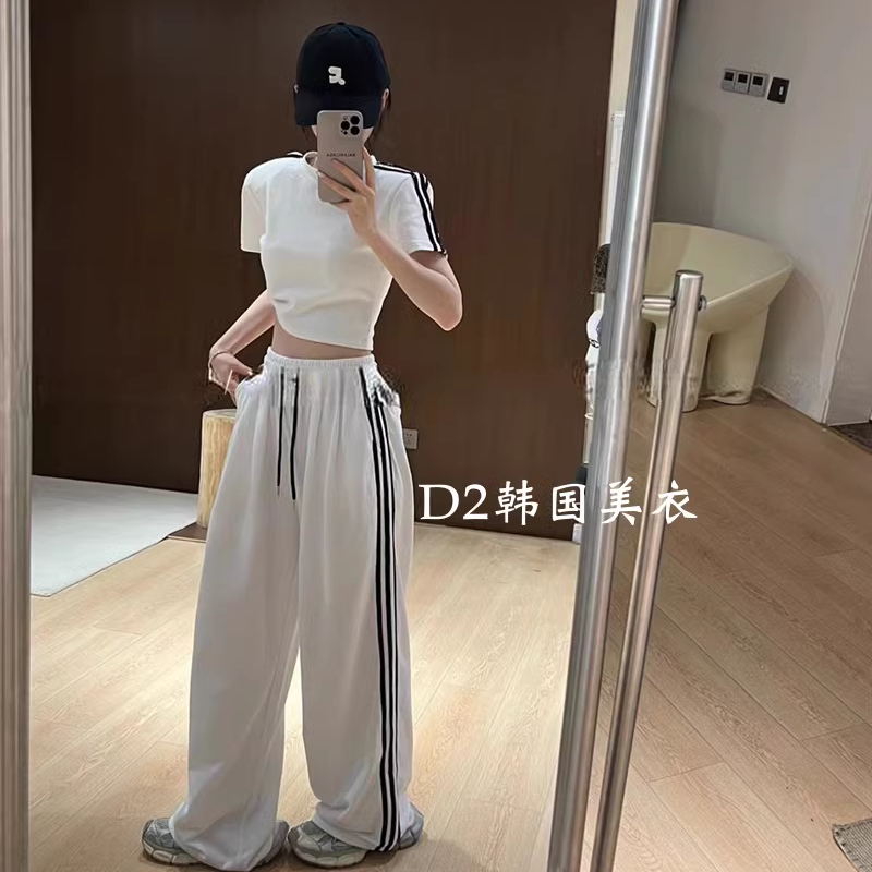 Korean Stylish Fashion Slim-Fit Short-Sleeve T-Shirt Set for Women Casual Loose Sports Pants Wide-Leg Pants Two-Piece Set