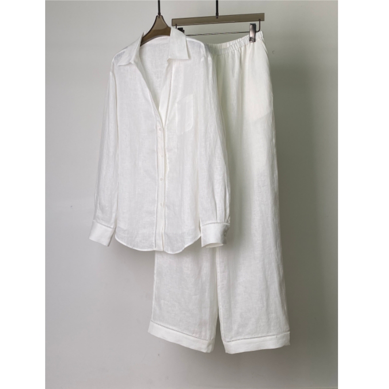 Shenzhen Yipin 2026 Spring New V-Neck Hollow Linen Shirt + Straight Wide-Leg Pants Fashion Linen Suit for Women